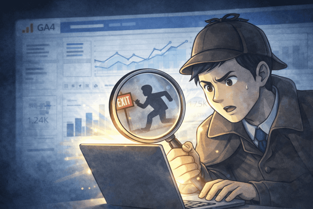 GA4を活用し、ブログの離脱原因を探しているイメージ