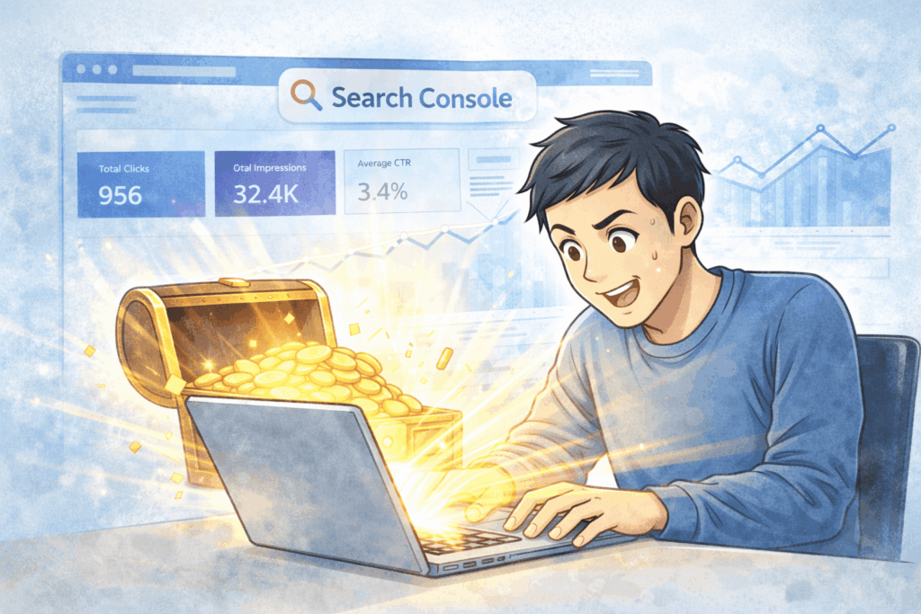 グーグルサーチコンソルを活用し記事の伸び代を発見したイメージ