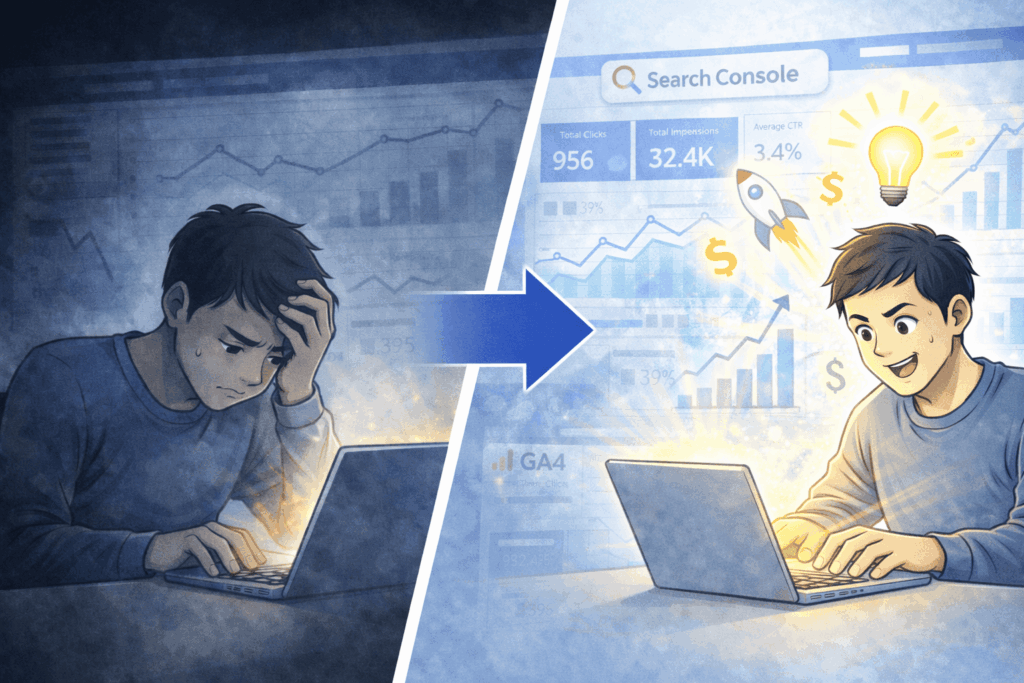 GA4とサーチコンソールを活用し、反省から未来の利益へと改善するブログ解析のイメージ